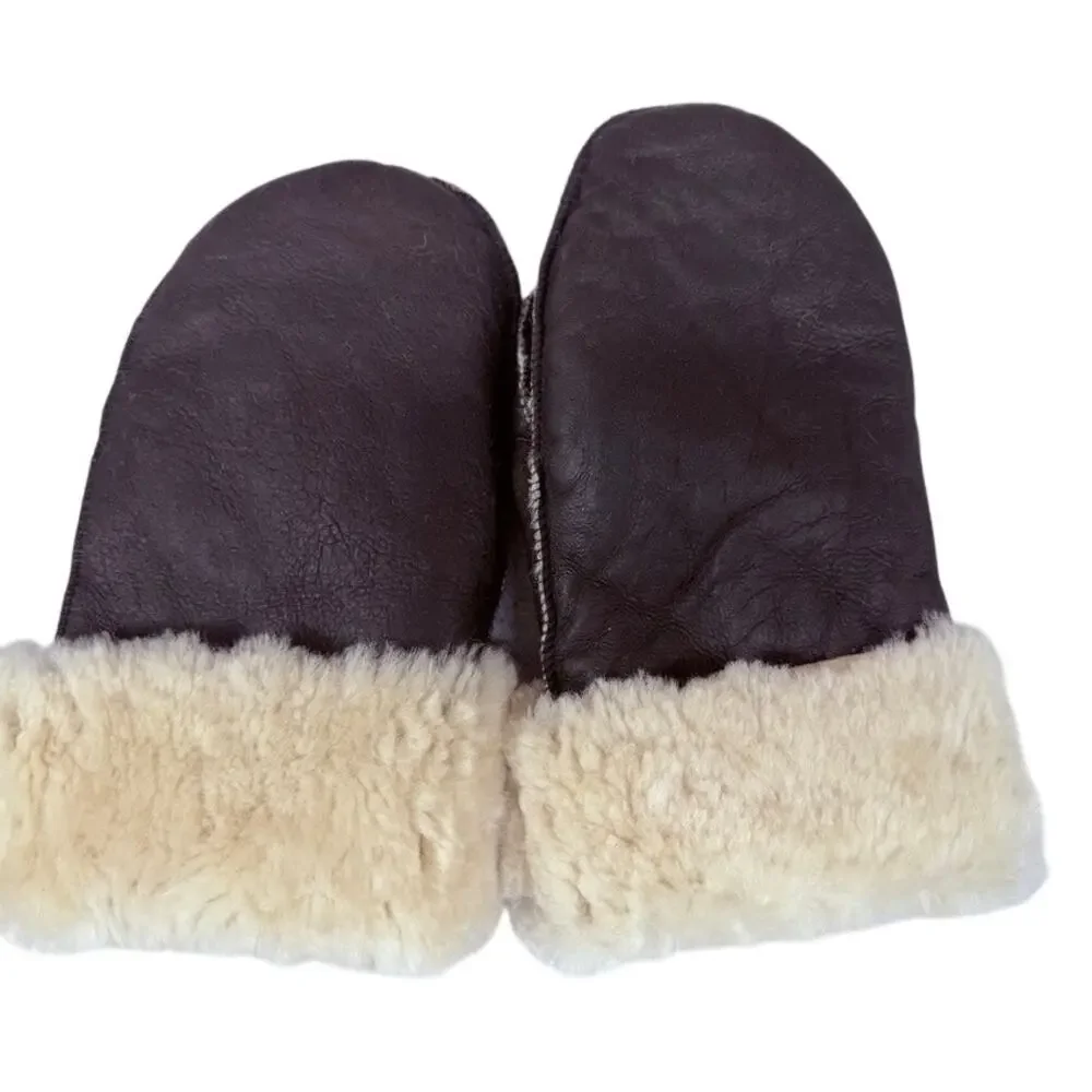 Real Sheepskin Shearling Mittens Dark Brown Black L Winter Warm